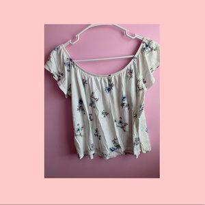 off the shoulder white floral shirt from garage!